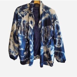 VTG Mureli Silk Fringe Bomber Jacket Windbreaker Size M Tye Dye Boho Western 80s